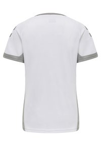 Short-sleeve athletic shirt, white with gray accents. Smooth texture, round neckline, side panels feature a subtle geometric pattern.