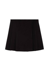 Gonna nera con un design plissettato, realizzata in un tessuto morbido. Presenta una vita aderente e arriva a metà coscia.