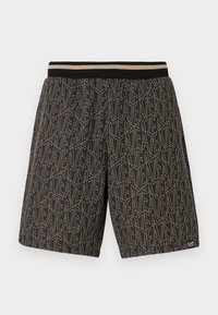 Pantalones cortos negros con un patrón texturizado de líneas diagonales y el texto "EAT" en beige. Cintura elástica con rayas en contraste.