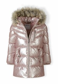 Rosa metallisk pufferjacka med en luvtrimmad med päls, dragkedja fram, två sidofickor och en bröstficka, med ett kviltat mönster.