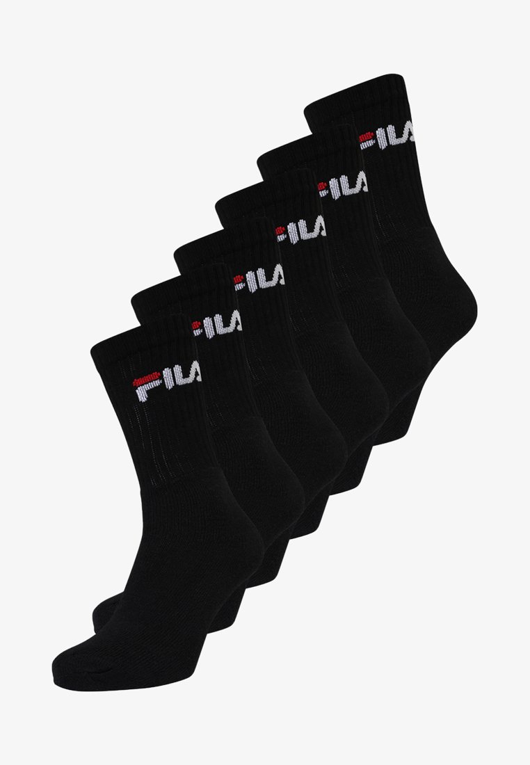 Črne bombažne nogavice z rebrastimi manšetami, s belim in rdečim logotipom "Fila". Set šestih parov, standardne dolžine do meč. Trajna tekstura.