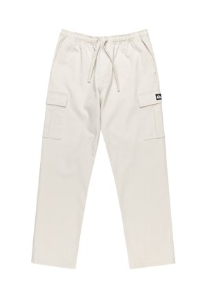 Light beige cargo pants made of cotton with an elastic waistband, drawstring, and two large side pockets. Features a logo patch on the front.