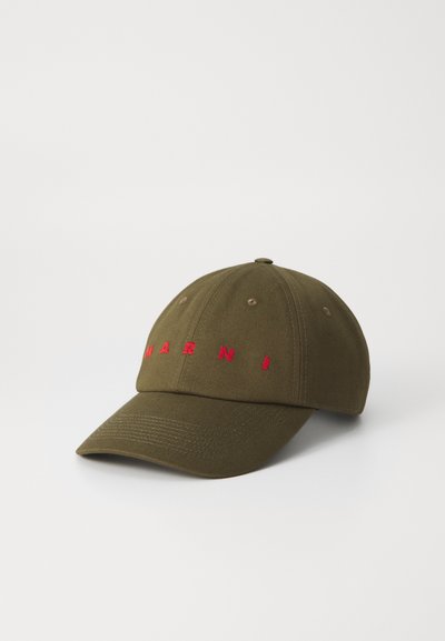 Olive green baseball cap featuring red embroidered text "MARNI," six-panel design, curved peak, and ventilation eyelets.