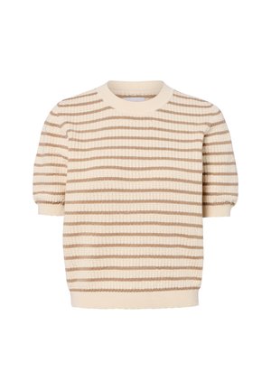 Strickpullover mit kurzen Ärmeln, horizontalen beige- und hellbraunen Streifen und rundem Ausschnitt auf weißem Hintergrund.