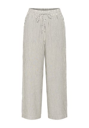 Weit geschnittene weiße Hose mit vertikalen schwarzen Streifen, elastischem Bund und vorderem Kordelzug.