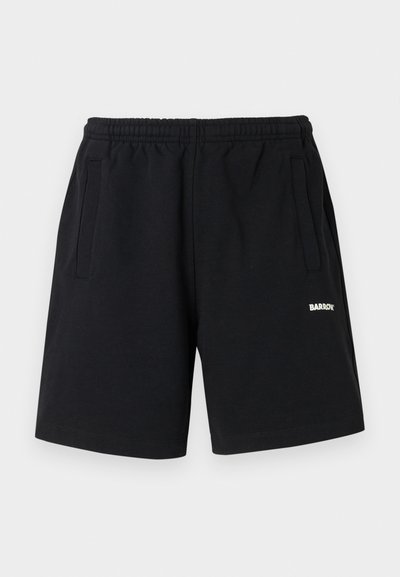 Pantaloni scurți negri din bumbac cu talie elastică, două buzunare laterale și un mic logo alb al brandului pe piciorul stâng. Textură netedă.