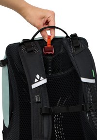 Zaino nero e menta con schienale in rete, spallacci regolabili e una fibbia rossa. Presenta un piccolo accento verde e un logo bianco riflettente.