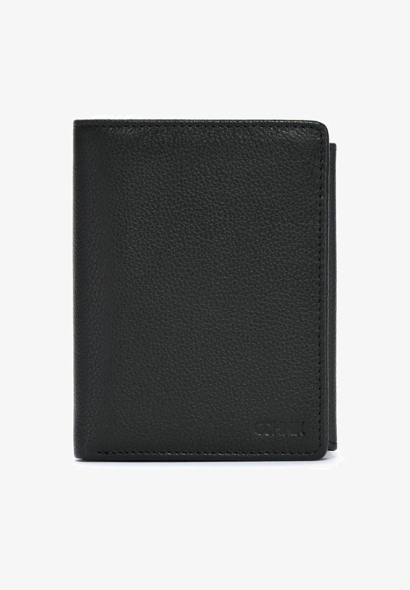 Czarny skórzany portfel o teksturowanym wykończeniu, składany w formie bifold, z widocznym przeszyciem i logo marki wytłoczonym w dolnym prawym rogu.