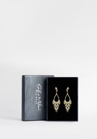Goldfarbene Ohrringe mit Tropfenform und aufwändigem, federähnlichem Design. Präsentiert in einem schwarzen Samtfutter innerhalb einer grauen Geschenkbox.