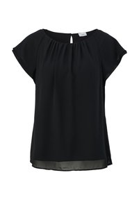 Blouse noire à manches courtes avec encolure ronde froncée et coupe ample, confectionnée dans un tissu léger avec un subtil détail transparent à l'ourlet.