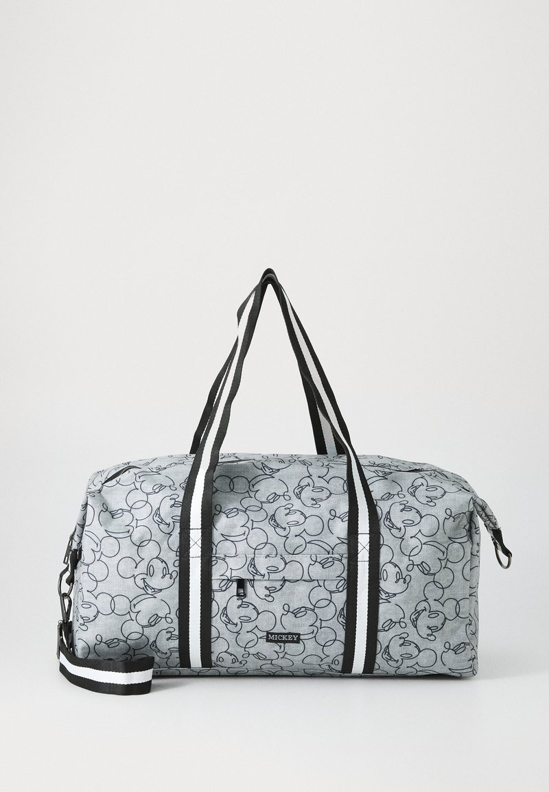 Gray fabric duffel bag featuring black Mickey Mouse outline patterns, dual black and white striped handles, and a detachable shoulder strap.