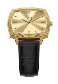 Montre Fossil en ton or avec un boîtier carré texturé, un cadran minimaliste et un bracelet en cuir noir à motif crocodile.