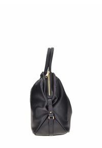 Borsa a mano in pelle nera con una forma morbida e strutturata, dettagli con zip dorata e doppi manici. Presenta un accento annodato alla base.