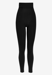 Højtaljede sorte leggings lavet af strækbart stof, der har en glat overflade og en tætsiddende design uden synlige sømme.