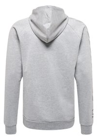 Szara bluza z kapturem, charakteryzująca się miękką fakturą materiału, luźnym krojem oraz rękawami raglanowymi z subtelnym wzorem po bokach.