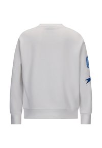 Felpa grigia chiara con scollo a girocollo, polsini e cintura a coste. Presenta un design grafico blu sulla manica sinistra.