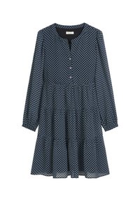 Navyblauwe jurk met een bladerenpatroon, bestaande uit lange mouwen, een ronde halslijn en knoopdetails aan de voorkant. Aangezoomde rok.