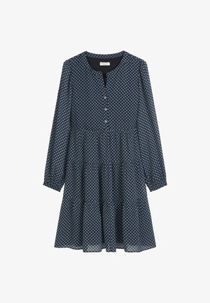 Navy blue dress with a leaf pattern, featuring long sleeves, a round neckline, and button detailing at the front. Flared skirt design.