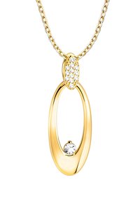 Guldvedhæng med en oval form, en central klar ædelsten og en øverste pynt med små funklerende sten på en delikat kæde.