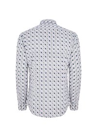 Biała koszula z długim rękawem w geometryczny wzór w niebieskie i zielone kolory. Posiada klasyczny kołnierzyk i zaokrąglony dół.