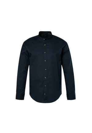 Marineblauwe langharige shirt met een mandarin kraag, knoopsluiting aan de voorkant en vijf zichtbare bronzen knopen. Glad stof met een getailleerde pasvorm.