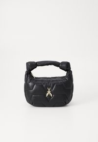 Black quilted leather handbag with a short, padded handle and gold insect charm accent. Features a zip closure and geometric pattern.