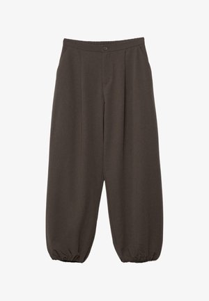 Temno rjave široke hlače z gumbom za zapiranje, naborki spredaj in elastiko na manšetah pri gležnjih.