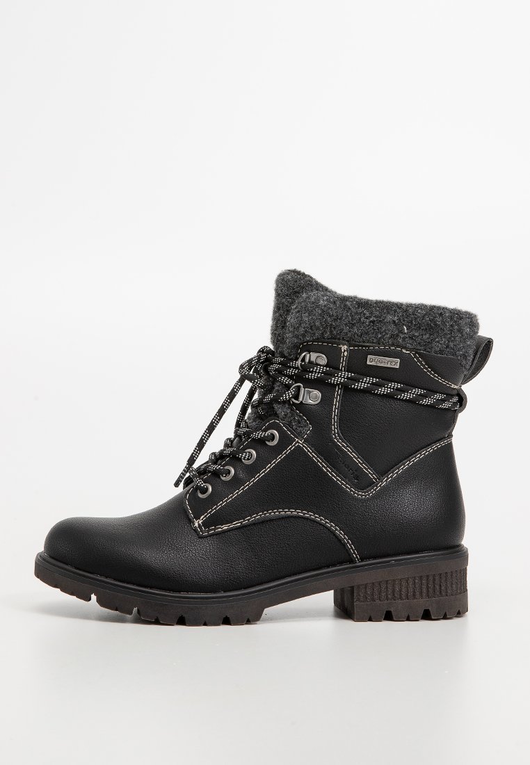 Schwarze Lederwinterstiefel mit grauem Fleece-Bund, Schnürverschluss und robustem Gummisohle für den Außenbereich.