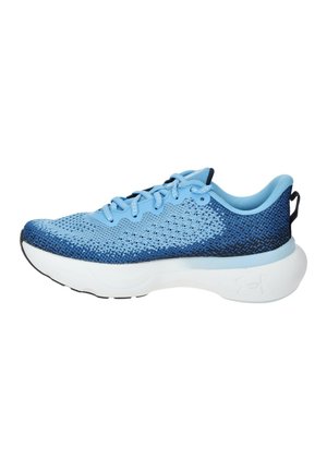 Helleblauem und marineblauem atmungsaktiver Mesh-Laufschuh mit weißer gepolsterter Sohle und Schnellschnürung, von der Seite betrachtet.