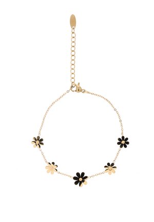 Brățară din lanț auriu cu talismane alternante în formă de flori negre și aurii și închidere reglabilă cu cataramă.