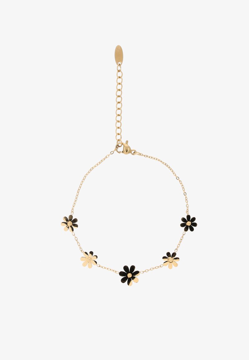 Brățară din lanț auriu cu talismane alternante în formă de flori negre și aurii și închidere reglabilă cu cataramă.