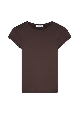T-shirt in cotone marrone con maniche corte, scollo a giro e orlo dritto, caratterizzato da una texture liscia e un design minimal.