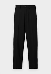 Pantalon noir à coupe droite, avec devant plissé et fermeture à bouton. Confectionné dans un tissu lisse à la texture douce.