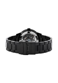 Black stainless steel watch with a silver-tone case back. Features a link bracelet and transparent case showcasing the movement inside.