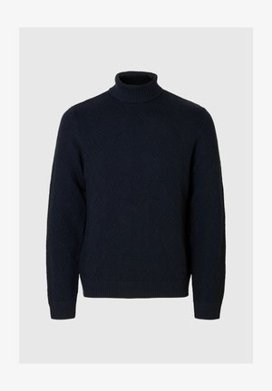 Tume meresinine kudumiskäevartega turtleneck-sviiter, millel on peen geomeetriline muster ning ribiga mansetid ja allserv.