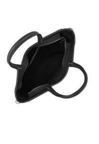 Black leather handbag with two handles, open zipper revealing spacious empty interior with fabric lining and inner pocket.