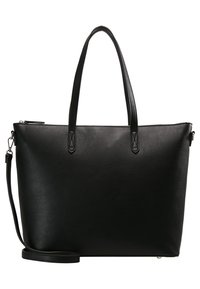 Černá kožená taška přes rameno s dlouhými rukojeťmi, strukturovaným obdélníkovým tvarem a zipovým uzávěrem. Obsahuje odnímatelný ramenní popruh.