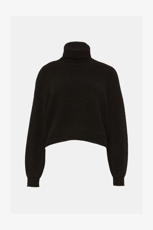 Črna, skrajšana pulover s turtleneck ovratnikom, z teksturiranim pletenjem in dolgimi rokavi. Ima prilegajoč ovratnik in rebraste manšete.