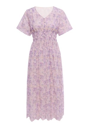 Lichtpaarse bloemen midi-jurk met korte mouwen, V-hals, knoopsluiting voor, getailleerde taille en geschulpte zoom.