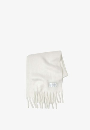 Weißer Schal aus weichem Textil mit fransigen Kanten. Hat eine rechteckige Form und ein Etikett auf einer Seite, das "ARCTIC FOX" liest.