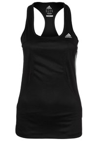 Top sportivo nero senza maniche realizzato in tessuto traspirante. Presenta un design a schiena scoperta, cuciture piatte e una piccola logo bianca Adidas sulla spalla sinistra.