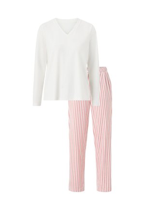 Maglietta bianca a maniche lunghe con collo a V abbinata a pantaloni del pigiama a righe rosa e bianche, con vita elastica e gamba dritta.