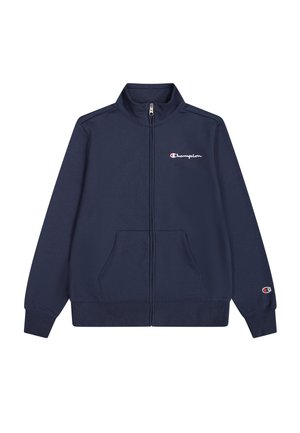Navy blue zip-up jacket made of soft fabric, featuring a high collar, two front pockets, and a small white Champion logo on the chest.