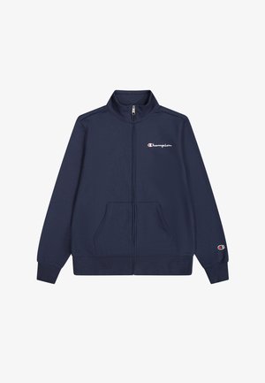 Marineblauwe zip-up jas van zachte stof, met een hoge kraag, twee voorzakken en een klein wit Champion-logo op de borst.
