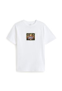 Maglietta bianca in cotone con un design grafico colorato sul fronte, di forma rettangolare, sfondo nero e motivo a raggi di sole.