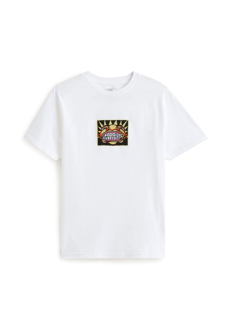 Maglietta bianca in cotone con un design grafico colorato sul fronte, di forma rettangolare, sfondo nero e motivo a raggi di sole.