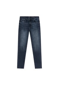 Dunkelblaue Jeans aus Denim mit einem klassischen Fünf-Taschen-Design, geradem Bein und verblasster Textur. Mit einem Reißverschluss und einem Logo-Bund.