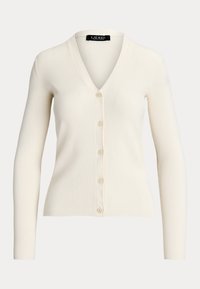 Vit ribbad cardigan med V-halsringning, med en knappstängning fram och långa ärmar. Noterbara detaljer inkluderar en mjuk textur och runda knappar.