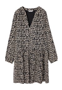 Juoda ir smėlinė raštuota suknelė su V formos iškirpte, ilgomis rankovėmis ir pakopiniu volanų apdangalu; pagaminta iš lengvos medžiagos su lygiu paviršiumi.