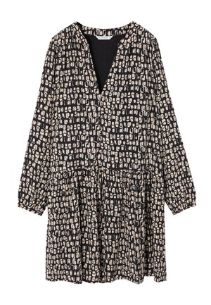 Mustmust ja beež mustriga kleit V-kaelusega, pikad varrukad ja kihiline volangiga hem; valmistatud kergest kangast, millel on sile tekstuur.